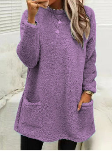 Women's Fleece Pullover Long Sweater With Pockets Winter Warm Thinken Sweatershirt Casual Long Sleeve Plush Tops Hoodie Coat Streetwear Fall Loose Outfits Hoodie Tops
