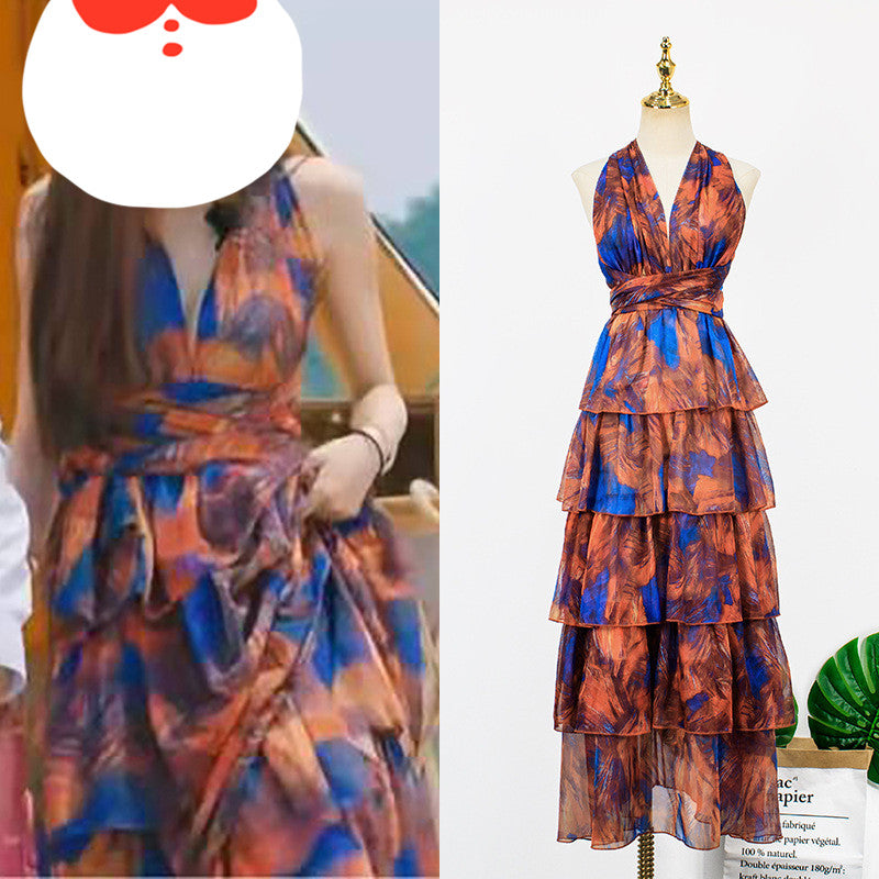 Contrast Print Vintage Cake Long Dress