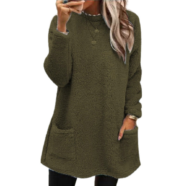Women's Fleece Pullover Long Sweater With Pockets Winter Warm Thinken Sweatershirt Casual Long Sleeve Plush Tops Hoodie Coat Streetwear Fall Loose Outfits Hoodie Tops