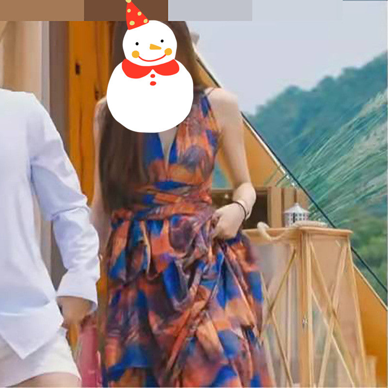 Contrast Print Vintage Cake Long Dress