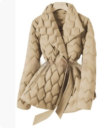 Winter Ripple-stitching Jacket With Belt Fashion Warm Pockets Lapel Coat Women's Temperament Lightweight Outwear Clothing