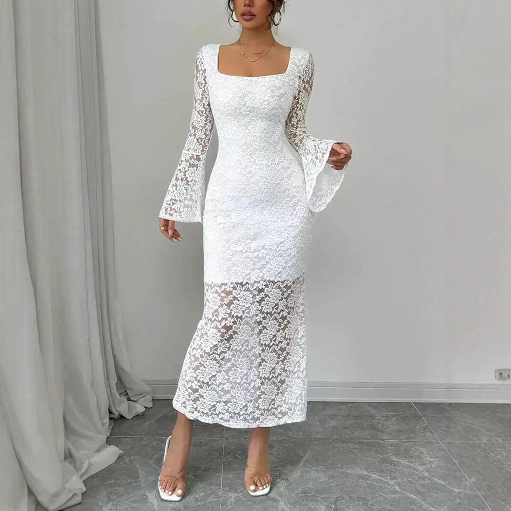 Fashionable Lace-Patchwork Square-Neck Flared-Sleeve Bodycon Dress